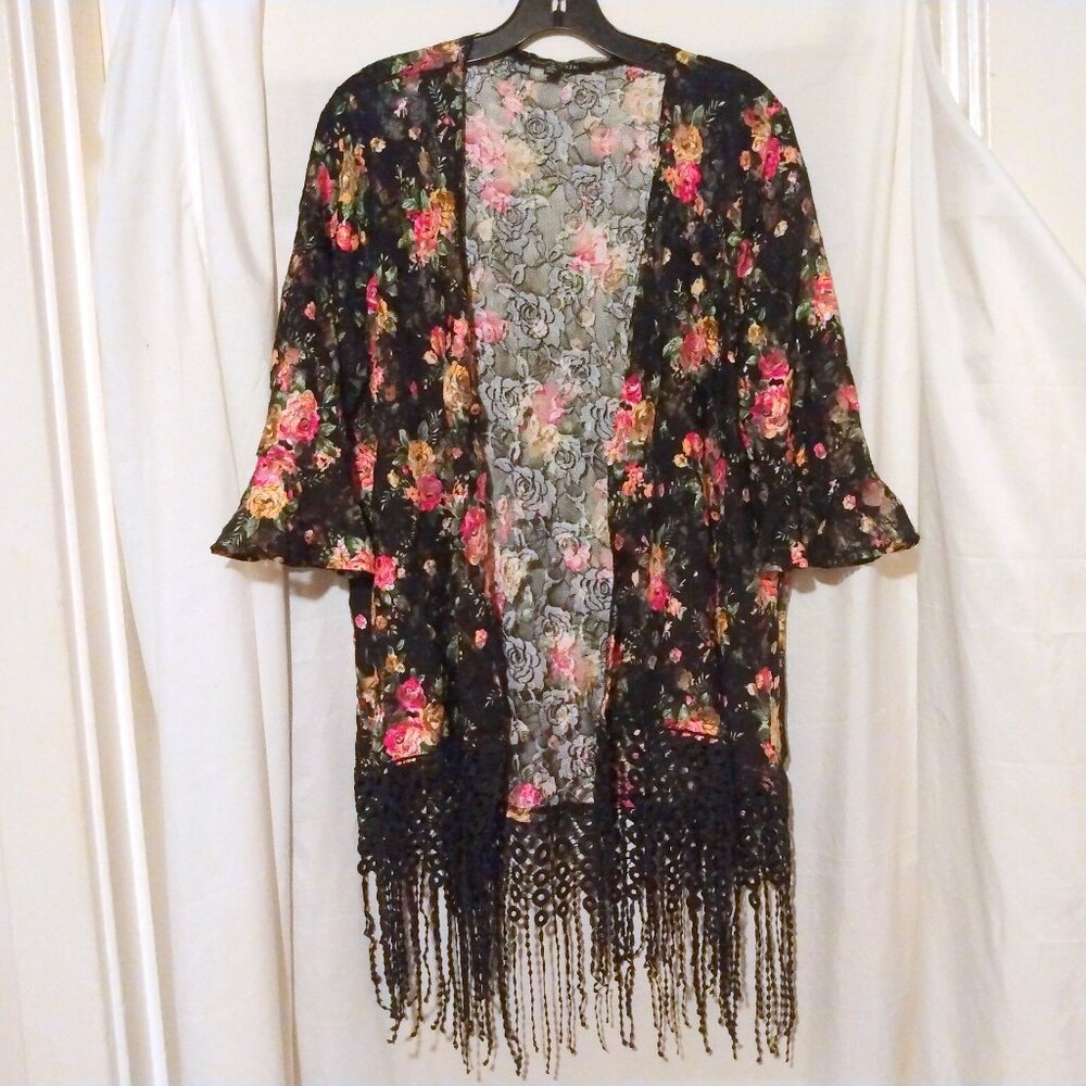 Sweet Rain Floral Mesh Fringe Kimono Beach Cover-Up M Whimsigoth Boho Festival - Picture 2 of 10